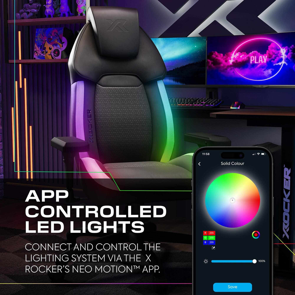 Gaming chair with app-controlled LED lights and smartphone displaying app interface.