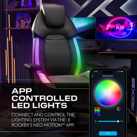 Gaming chair with app-controlled LED lights and smartphone displaying app interface.