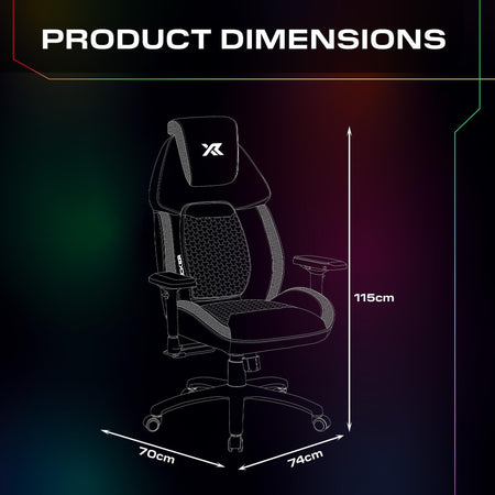 Gaming chair with dimensions labeled on a dark background