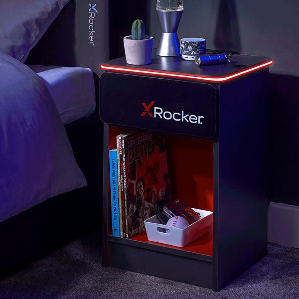 An animated image of the Carbon-Tek bedside table, showcasing the LED lighting that changes to multiple colours.