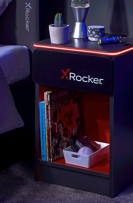 Carbon-Tek LED Bedside Side Table with Wireless Charging and Drawer - Grey / Red RGB