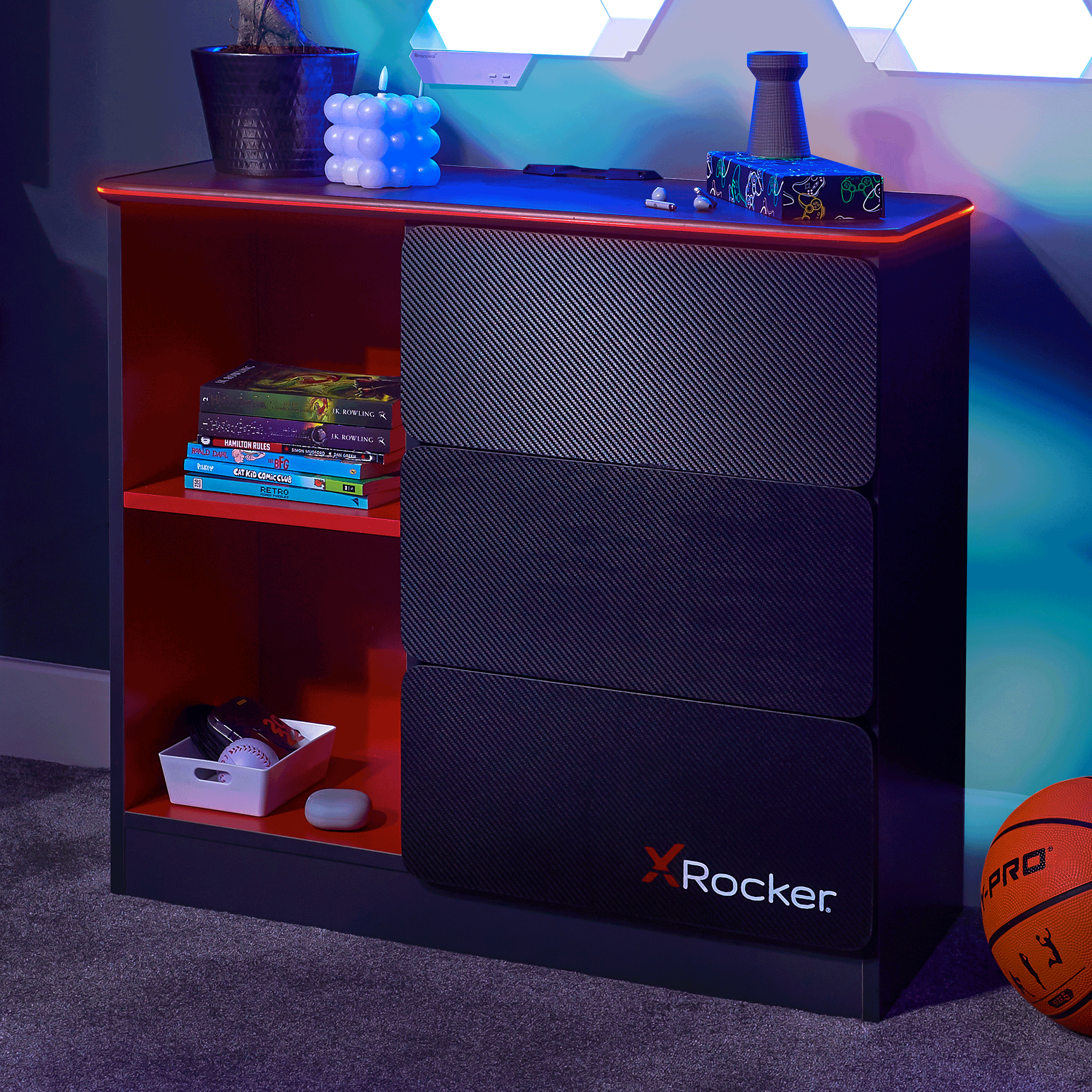 Carbon-Tek LED Chest of 3 Drawers - Grey / Red RGB