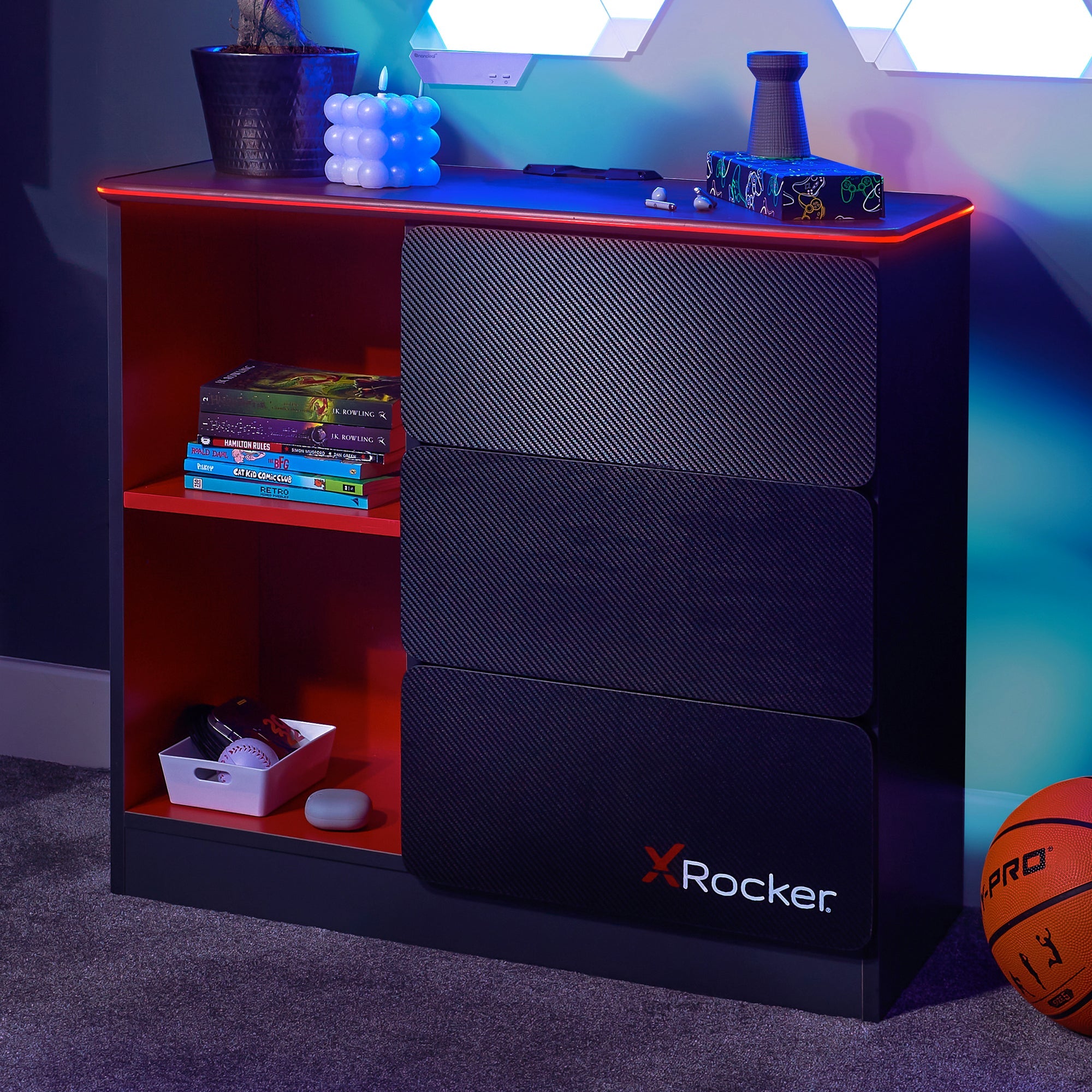 Carbon-Tek LED Chest of 3 Drawers - Grey / Red RGB