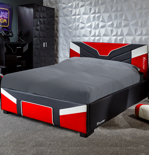 Gaming Bed in a Box by X Rocker Cerberus MK11 red edition with a stylish ergonomic headboard and durable construction. 