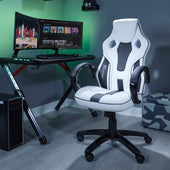 x rocker pc office gaming chair in white and black in a game room setting and LED light effect