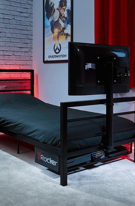 Basecamp gaming bed with TV mount featuring a sleek black frame and built-in TV platform