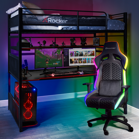 X Rocker Battle Bunk bunk bed with built in gaming desk, black metal frame, high sleep bed with integrated workstation and storage for gaming setups. Front on view with gaming chair