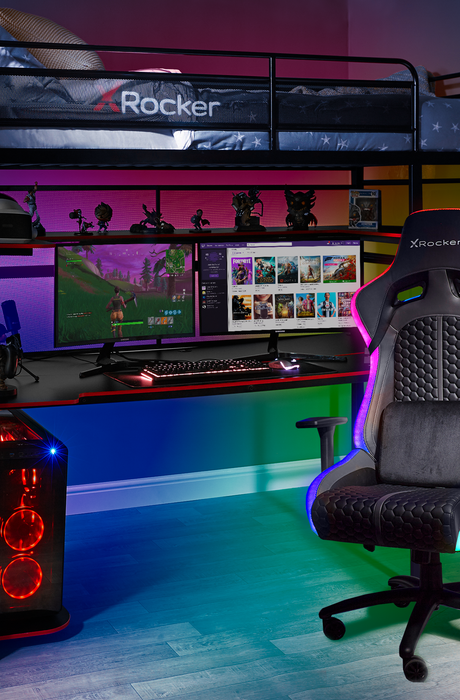 X Rocker Battle Bunk bunk bed with built in gaming desk, black metal frame, high sleep bed with integrated workstation and storage for gaming setups. Front on view with gaming chair